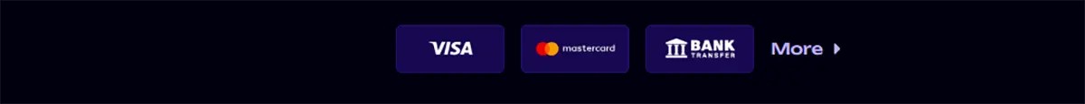 Payment methods section showing Visa, Mastercard, and bank transfer options with a “More” button on a dark background