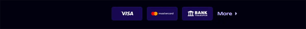 Payment methods section showing Visa, Mastercard, and bank transfer options with a “More” button on a dark background