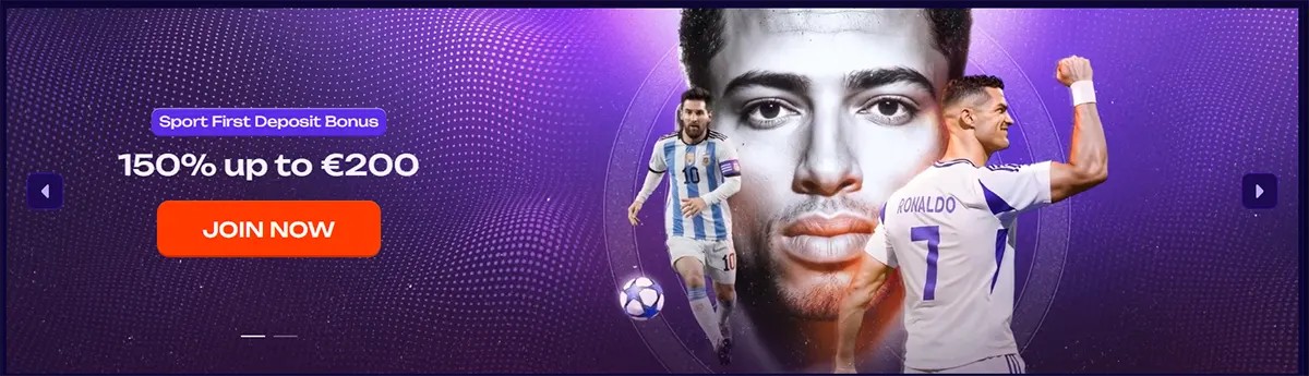 Sports welcome bonus banner showing 150% up to €200 with football players and a “Join Now” call-to-action on a purple themed background