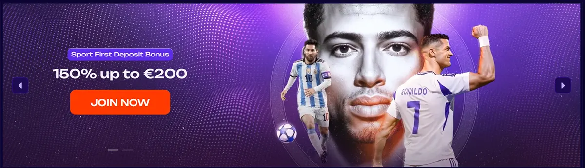 Sports welcome bonus banner showing 150% up to €200 with football players and a “Join Now” call-to-action on a purple themed background
