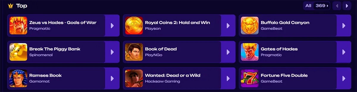 Top casino games list showing titles including Zeus vs Hades: Gods of War, Royal Coins 2: Hold and Win, Buffalo Gold Canyon, Break the Piggy Bank, Book of Dead, Gates of Hades, Ramses Book, Wanted: Dead or a Wild, and Fortune Five Double on a dark themed interface