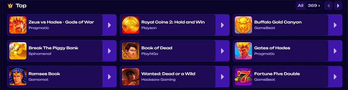 Top casino games list showing titles including Zeus vs Hades: Gods of War, Royal Coins 2: Hold and Win, Buffalo Gold Canyon, Break the Piggy Bank, Book of Dead, Gates of Hades, Ramses Book, Wanted: Dead or a Wild, and Fortune Five Double on a dark themed interface