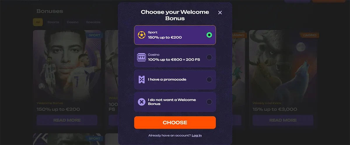 Welcome bonus selection popup showing options for sports bonus 150% up to €200, casino bonus 100% up to €600 with 200 free spins, promo code entry, and no welcome bonus choice on a dark themed betting website