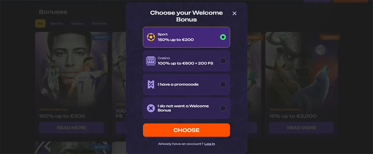 Welcome bonus selection popup showing options for sports bonus 150% up to €200, casino bonus 100% up to €600 with 200 free spins, promo code entry, and no welcome bonus choice on a dark themed betting website